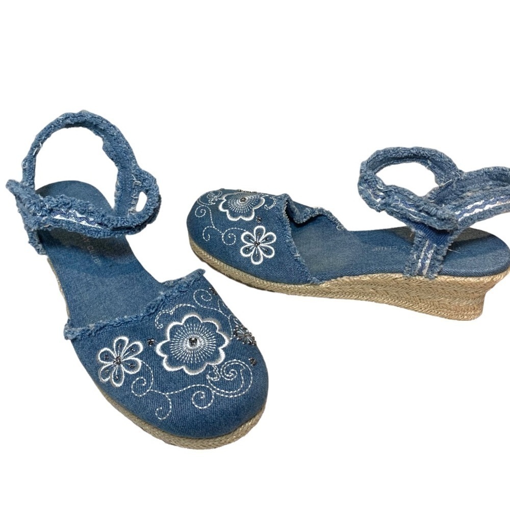 MONTEGO Bay Club Distressed Embroidered Floral Jeans Wedge Ankle Espadrilles 6.5